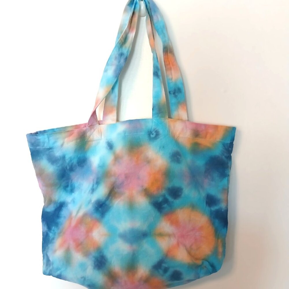 Tie Dye Tote Bag Cotton Reusable Grocery Bag With Blue Pink Orange Handmade - Picture 8 of 16
